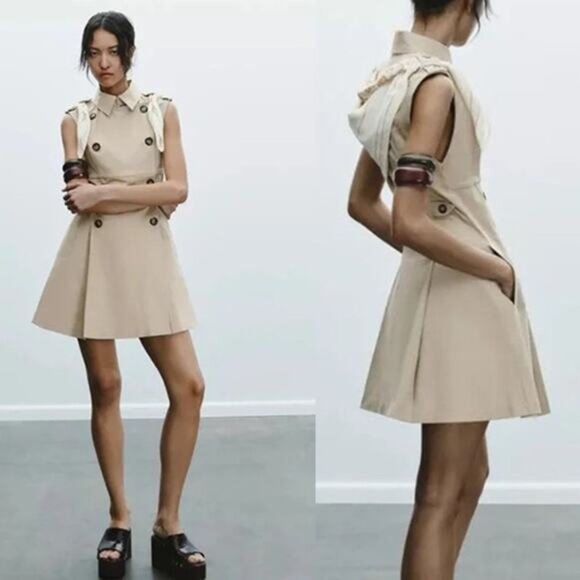 NWT Zara Pleated Button Front Collared Sleeveless Mini Dress Khaki Size: Small - Picture 1 of 8